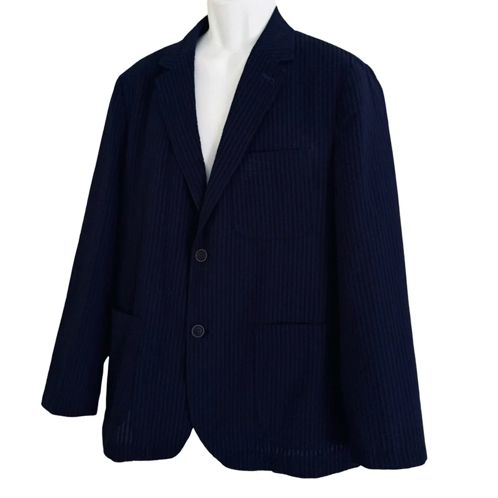 Nautica Seersucker Blazer L Sport Coat Navy Blue Cotton Blend Preppy Hamptons